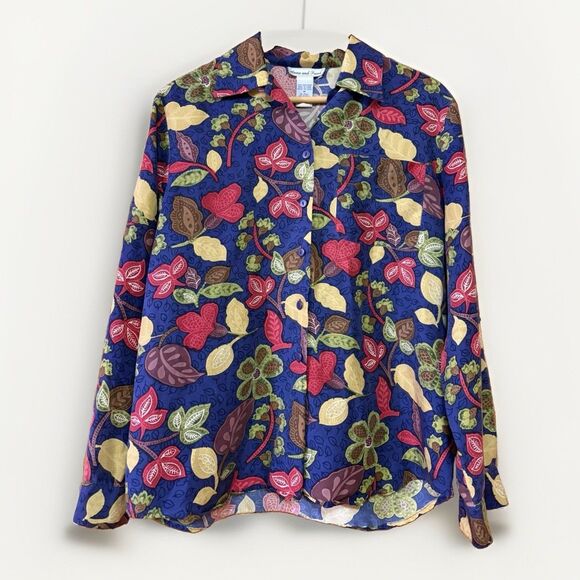 Anna and Frank Tops - Anna and Frank 100% Silk Button Down Shirt Floral Leaves Blue Vintage 90s Medium